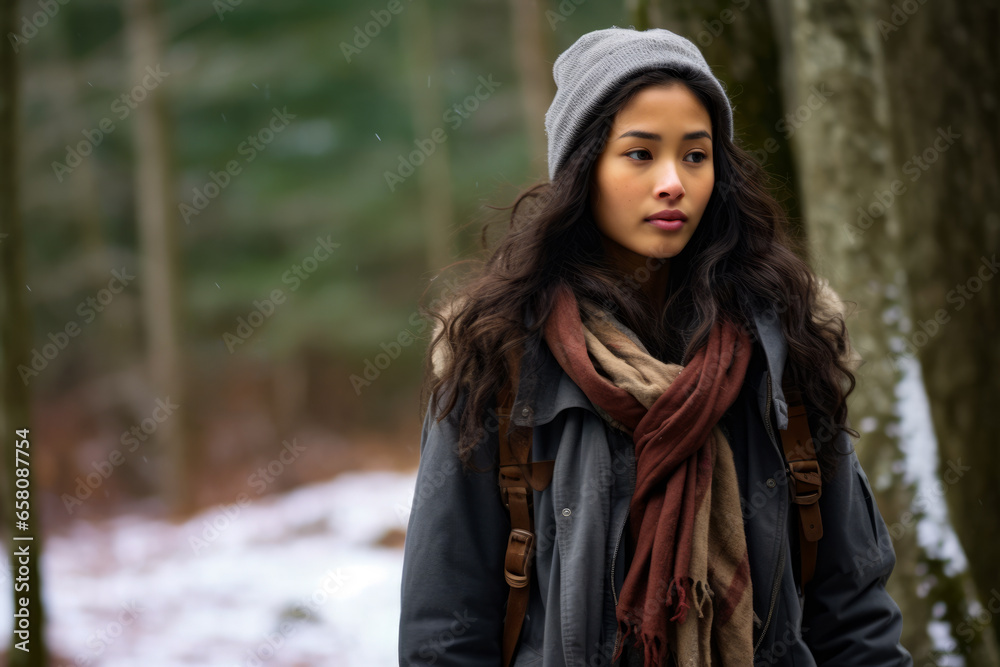 Multiethnic girl enjoying autumn in the woods on a snowy day Multiethnic girl enjoying autumn in the woods on a snowy day