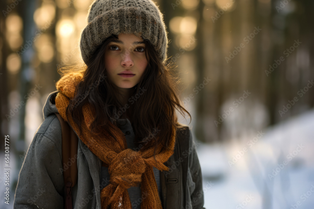 Multiethnic girl enjoying autumn in the woods on a snowy day Multiethnic girl enjoying autumn in the woods on a snowy day