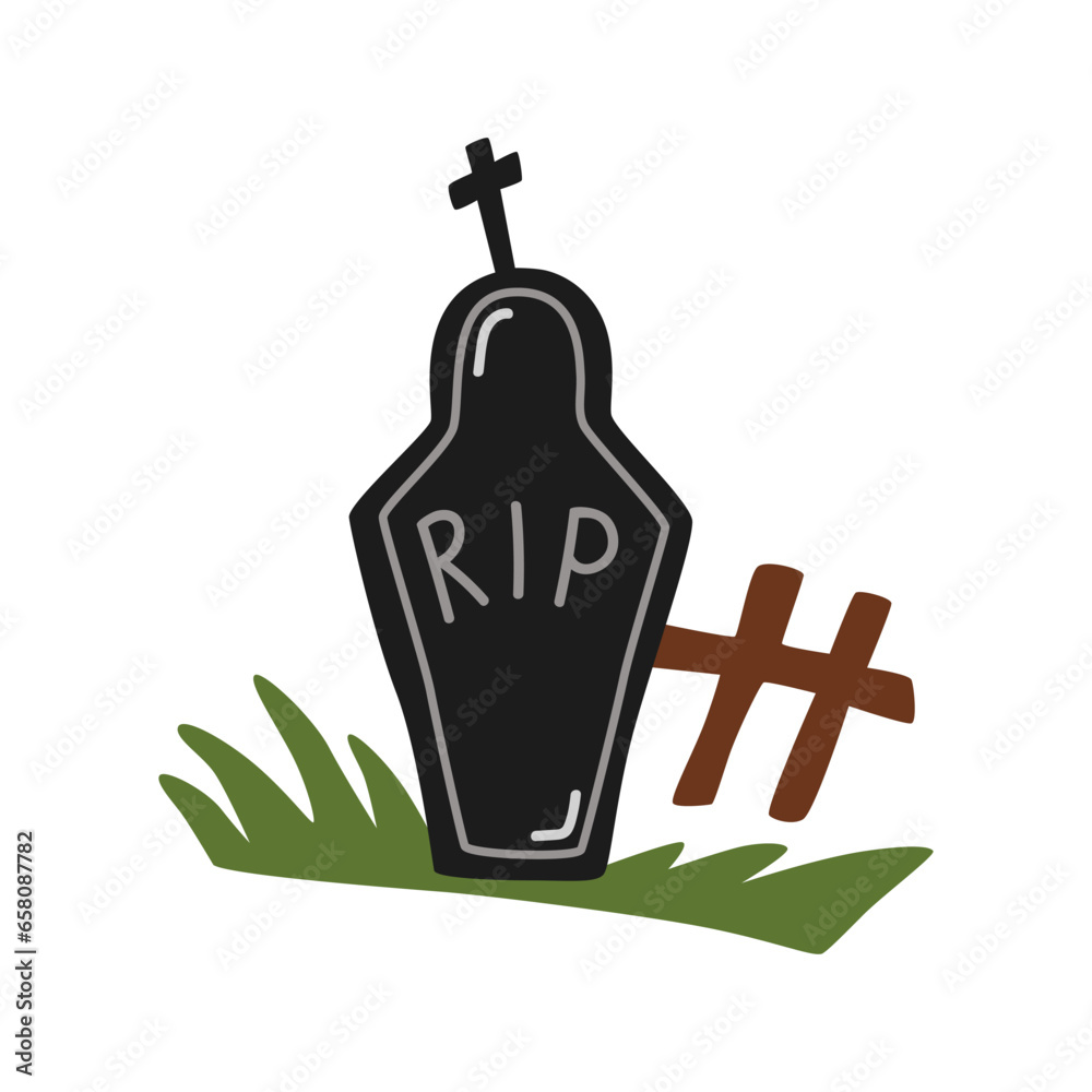 Gravestone with grass on the ground. Vector isolated element with memorial tombstone on the