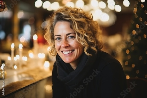 Portrait of a beautiful woman with christmas lights in the background