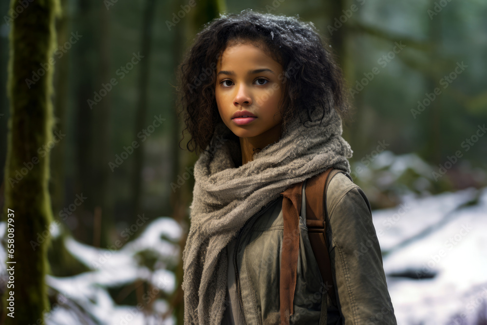 Multiethnic girl enjoying autumn in the woods on a snowy day Multiethnic girl enjoying autumn in the woods on a snowy day