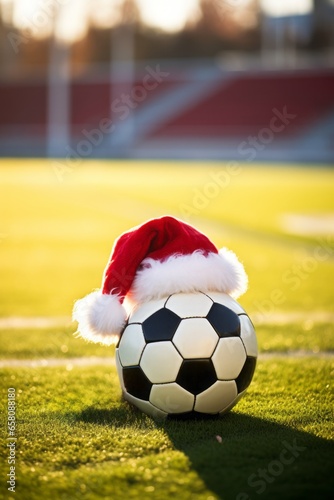 Close up of soccer ball with santa hat in sports stadium. A day at the football stadium. © Dragan