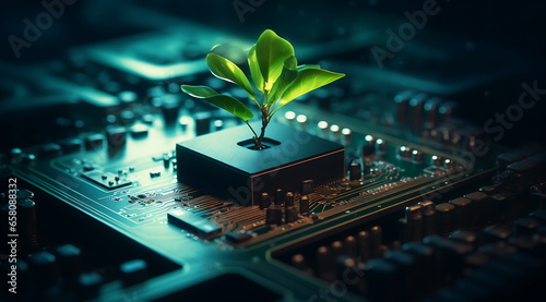 a plant grows up inside the circuit board, ai generative