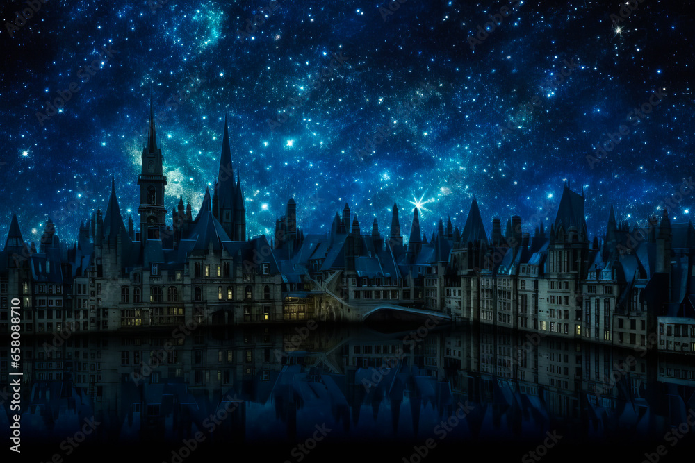 Surreal cityscape lit under a starry night showcases a myriad of geometrical architectural illusions.