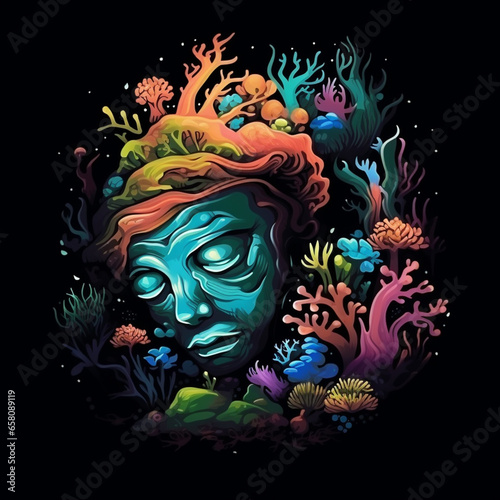 2D abstract coral reef sleeping OLD MENs head surrounder by colorful trophical plants