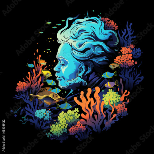 2D abstract coral reef sleeping OLD MENs head surrounder by colorful trophical plants