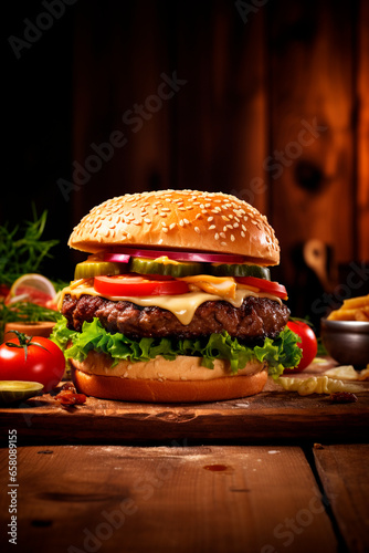 the best burguer in the world  on a wooden table. soft light 