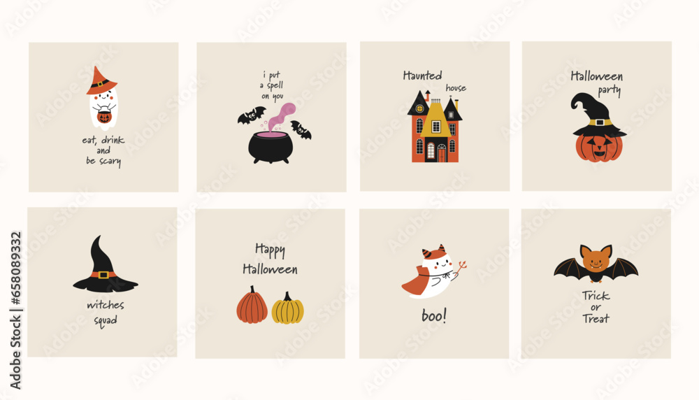 Halloween greeting card. Vector collection with pumpkins, haunted house, ghost and bats. Halloween party. Vector set of Halloween party invitations. Illustration for flyer, banner, poster. Halloween greeting card. Vector collection with pumpkins, haunted house, ghost and bats. Halloween party. Vector set of Halloween party invitations. Illustration for flyer, banner, poster.