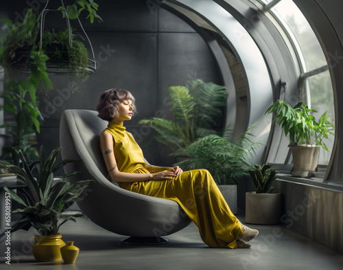 A thoughtful woman sitting in an armchair in front of the window. Fituristic minimalist interior, concrete gray walls and green plants. Generative Ai photo