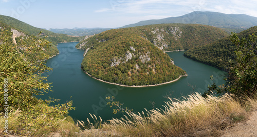 Artificial lake Bočac on the Vrbas river that winds between mountains, beautiful landscape