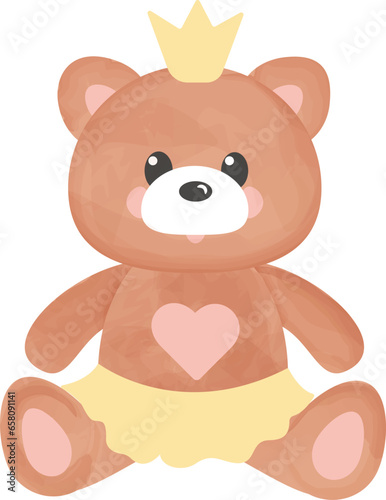 Watercolor style hand drawn girl teddy bear vector illustration. Plush toy picture. Romantic gift. Teddy bear for logo  design and greeting card isolated on transparent background.