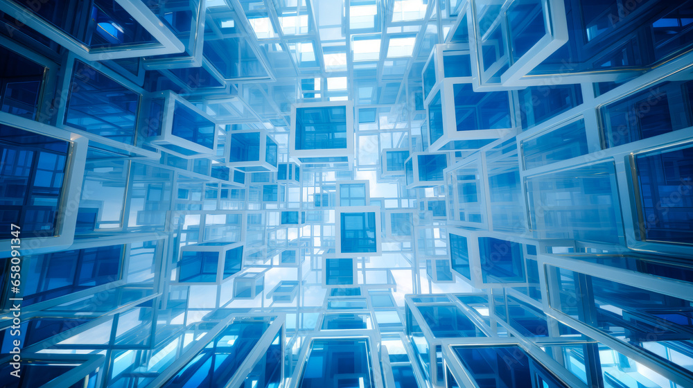Impressive 3D rendering of infinite interconnected cubes in a surreal architectural design symbolizing teamwork.