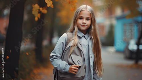 Wallpaper Mural Back to school. Cute girl with backpack going to school Torontodigital.ca