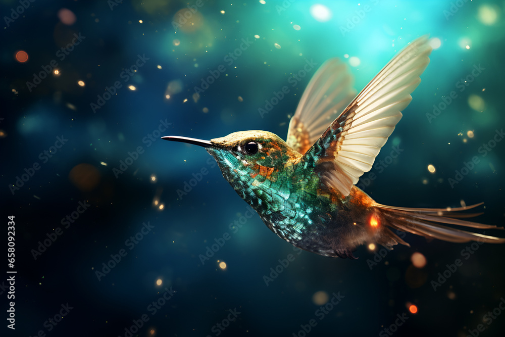 The hummingbird in flight on the fairy background