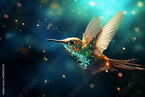 The hummingbird in flight on the fairy background