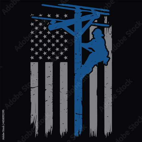 Distressed Patriotic Thin Blue Line Lineman American Flag Gift T-shirt