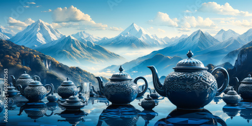 Breathtaking digital creation of mountains made from stacked teapots, showcasing surreal repetition and fantastic light play.
