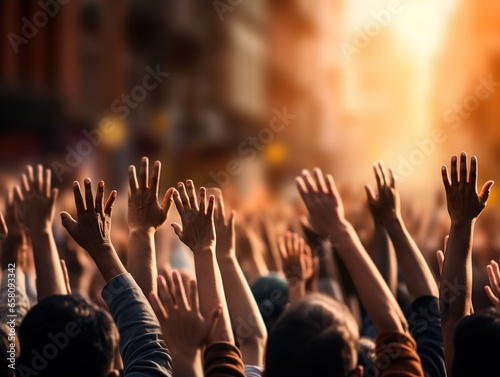 Human rights day. Background with group of people rising hands