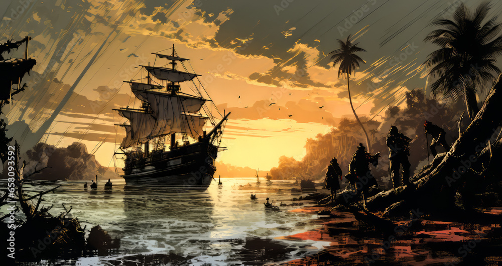 Fototapeta premium Pirate Adventure Scene Graphic Novel Style. Generated Image. A digital illustration of a pirate adventure scene in a graphic novel, comic book style.