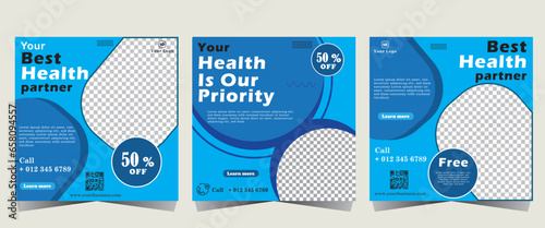Medical social media post template. Modern banner design with blue color ciracle decoration and place for the photo. Suitable for social media, websites, flyers, and banners. vector eps 10