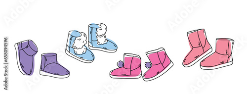 Winter boots set. A pair of winter warm women's boots set. Fur ugg boots. Vector illustration isolated on white background.