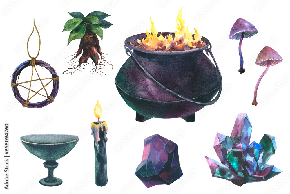 Watercolor magic elements, Witch Cauldron, candle, pentagram symbol and ...