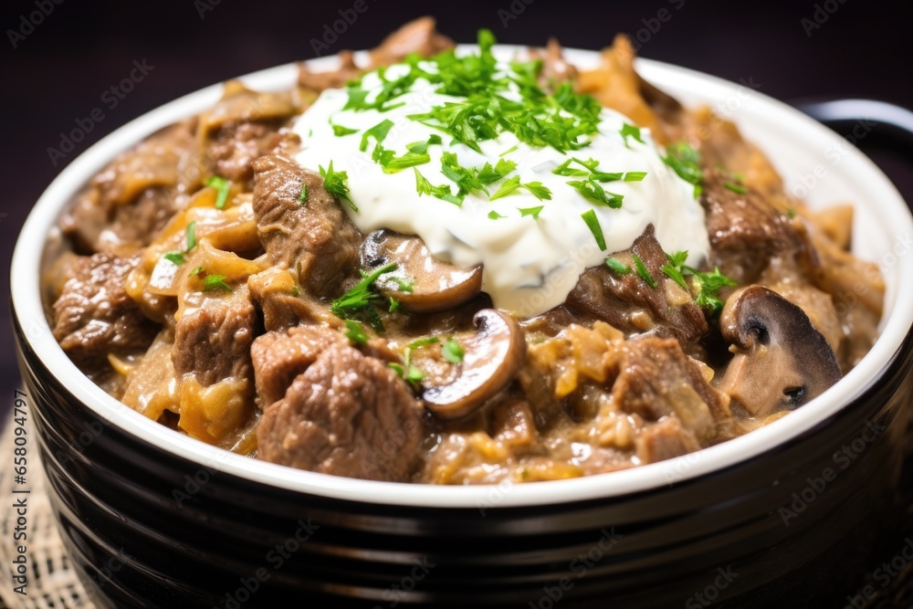 close-up of beef stroganoff with sour cream on top