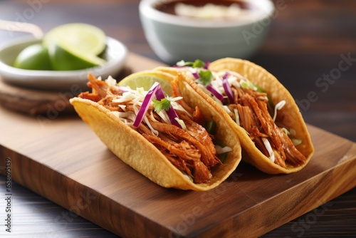 boat shaped crispy taco shell filled with bourbon bbq pulled chicken