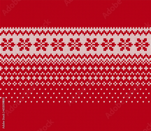 Knitted Christmas seamless pattern. Fair isle traditional ornament. Red knitted texture. Xmas print with snowflakes ornament border. Holiday background. Festive sweater. Vector illustration.