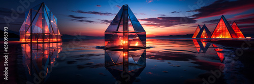 Surreal geometric structure floating over serene ocean at sunset.