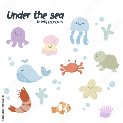 set of cartoon animals. Under the sea. Cute sea animals.