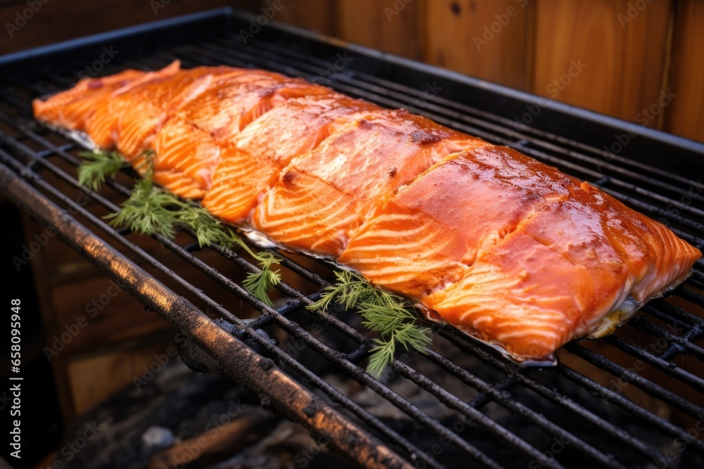golden brown salmon resting on a cedar plank within a grill frame golden brown salmon resting on a cedar plank within a grill frame