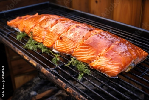 golden brown salmon resting on a cedar plank within a grill frame