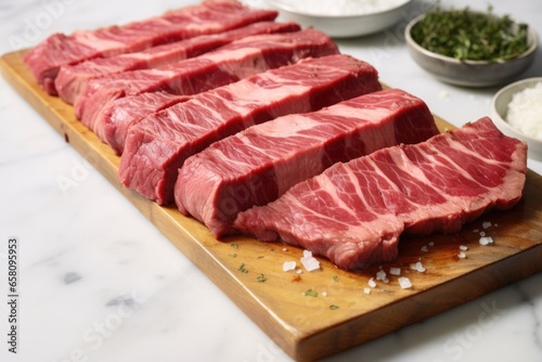 sliced medium-rare steak on a marble slab