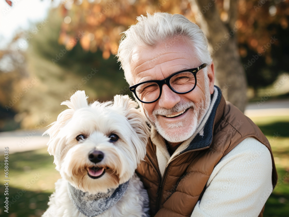 happy senior man in eyeglasses with dog in park, moments of love between dog and his owner. concept about pets and animals. happy senior man in eyeglasses with dog in park, moments of love between dog and his owner. concept about pets and animals.