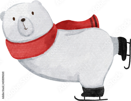 Polar bear with winter costume is playing ice skate . Christmas concept . Watercolor paint cartoon characters . PNG .