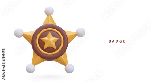 Poster with realistic sheriff star, cowboy badge. Vector element from police concept. Gold star badge. Vector illustration in 3d style with place for text