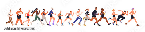 Jogging people group. Men, women crowd running. Many runners in line. Diverse joggers characters in motion, action. Sport exercise, marathon. Flat vector illustration isolated on white background