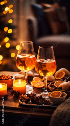 Winter luxe alcohol cocktail aesthetic. Warming drinks for Christmas party. Cozy mood interior with glowing lights and bokeh