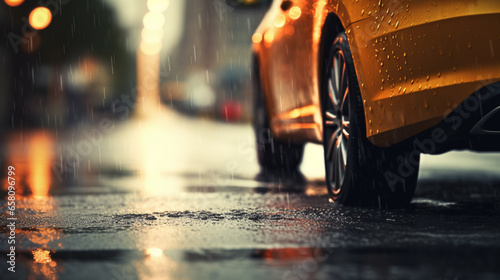 car driving on wet side of road with raindrops and traffic lights, in the style of dark gray and amber