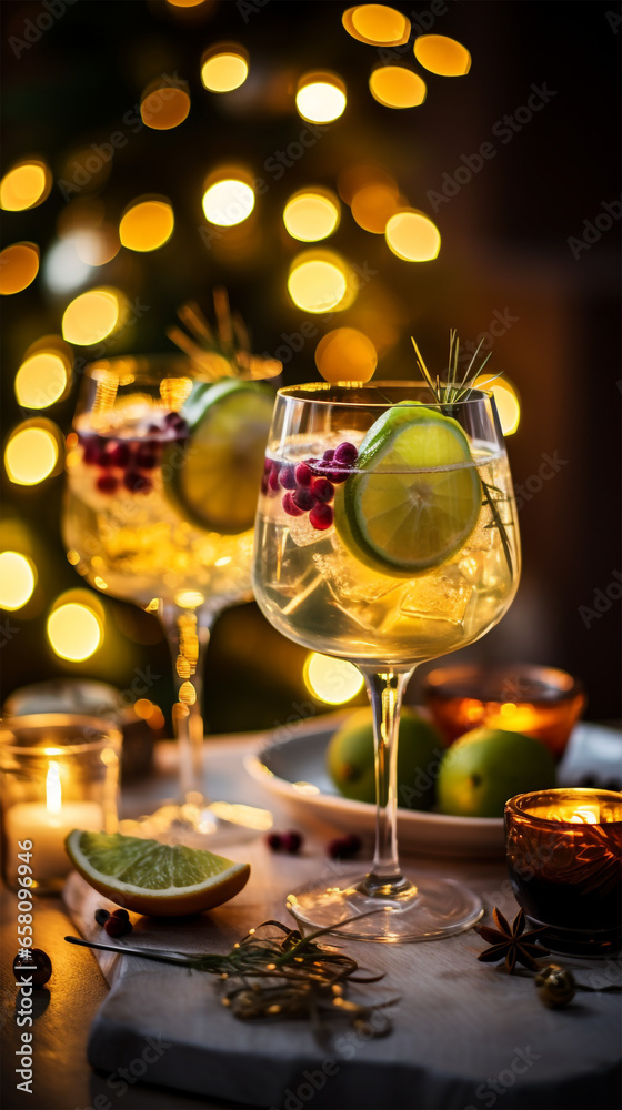 Winter luxe vegetable-infused cocktails aesthetic. Warming citrus drinks with berries for Christmas party. Cozy mocktails mood interior with glowing lights and bokeh