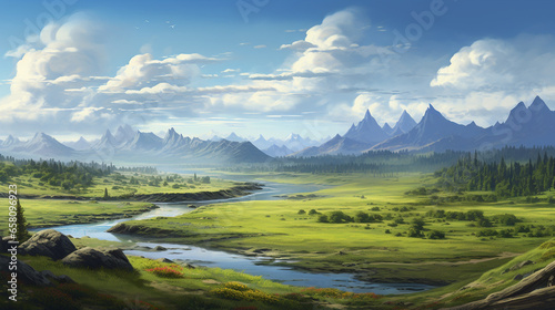 A Journey Through Nature: A Vibrant Colorful Panoramic Painting of a Majestic Mountainous Landscape with a River (Wallpaper)