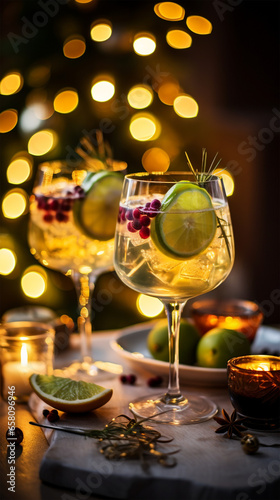 Winter luxe vegetable-infused cocktails aesthetic. Warming citrus drinks with berries for Christmas party. Cozy mocktails mood interior with glowing lights and bokeh