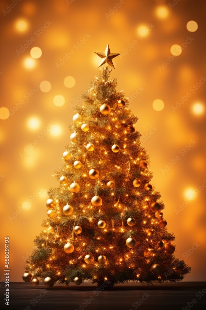Christmas tree adorned against a yellow backdrop
