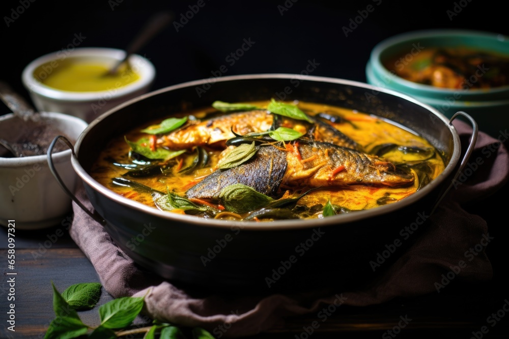 side view of spicy sri lankan fish curry being served side view of spicy sri lankan fish curry being served