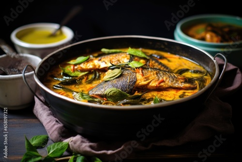 side view of spicy sri lankan fish curry being served photo