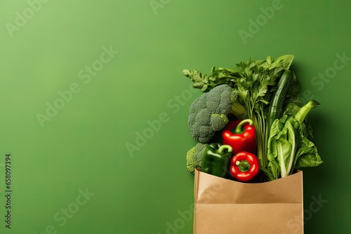 Shopping bag full of fresh organic vegetables on green background. Healthy food concept