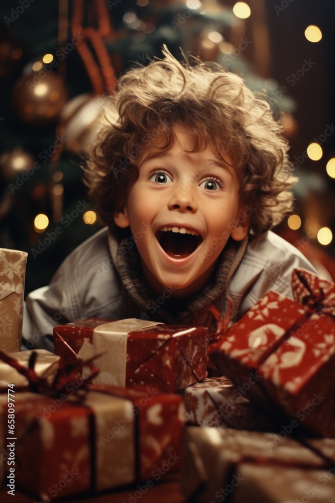 A child's thrilled reaction upon encountering a heap of gifts A child's thrilled reaction upon encountering a heap of gifts