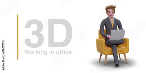 Working in office. Comfortable workplace. Man in business suit sits in chair with laptop. Caring for workers. Color vector concept. Rent of office premises, coworking space