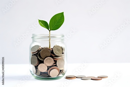 Plant growing out of coins in glass jar on white background. Saving money concept
